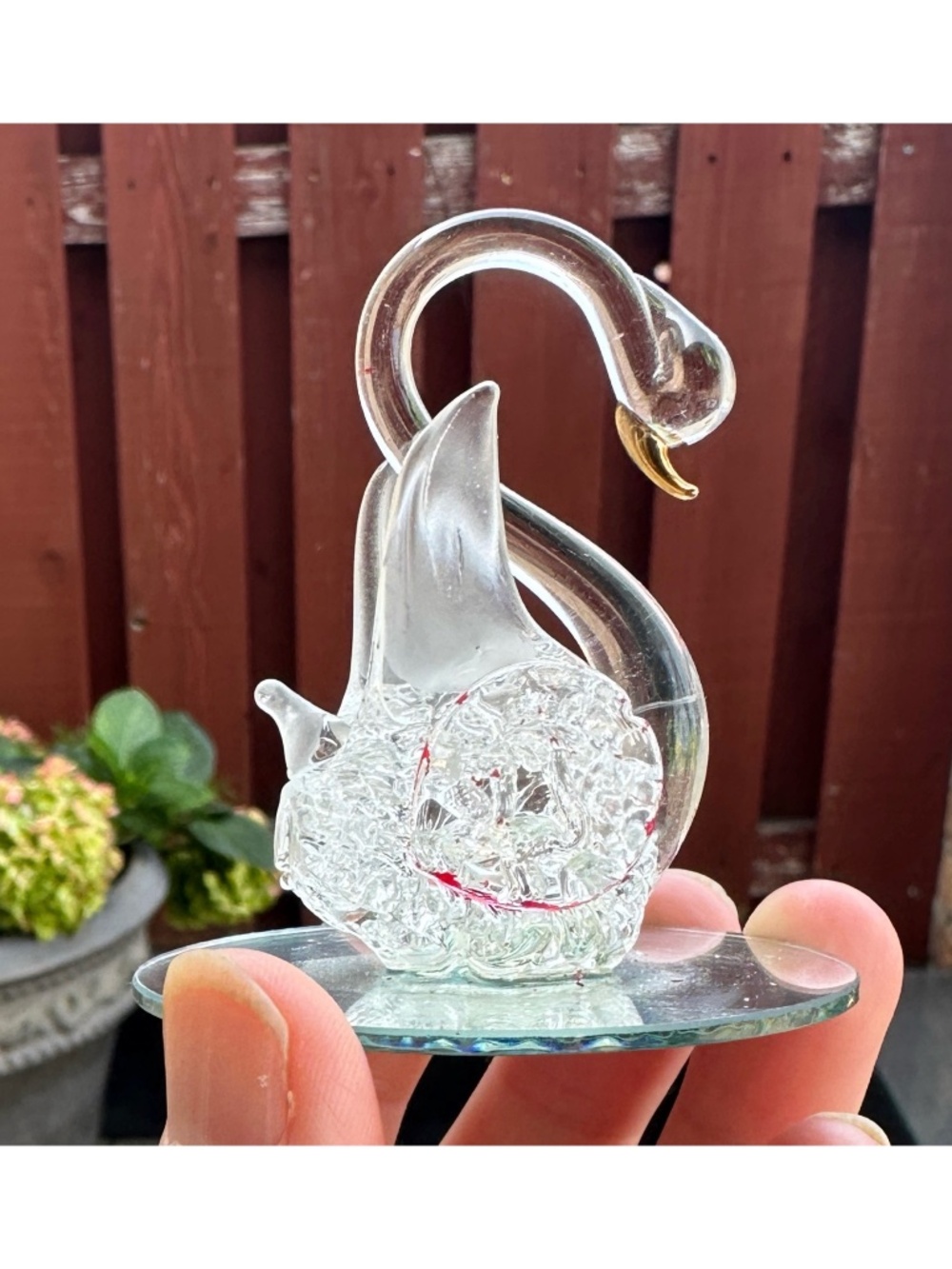 Vintage Hand Blown Spun Glass Miniature Swan Figurine Mirror Base Art